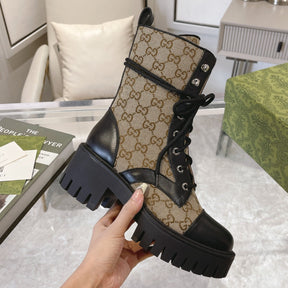 GG quilted boot with 60mm heel, mid-calf beige canvas