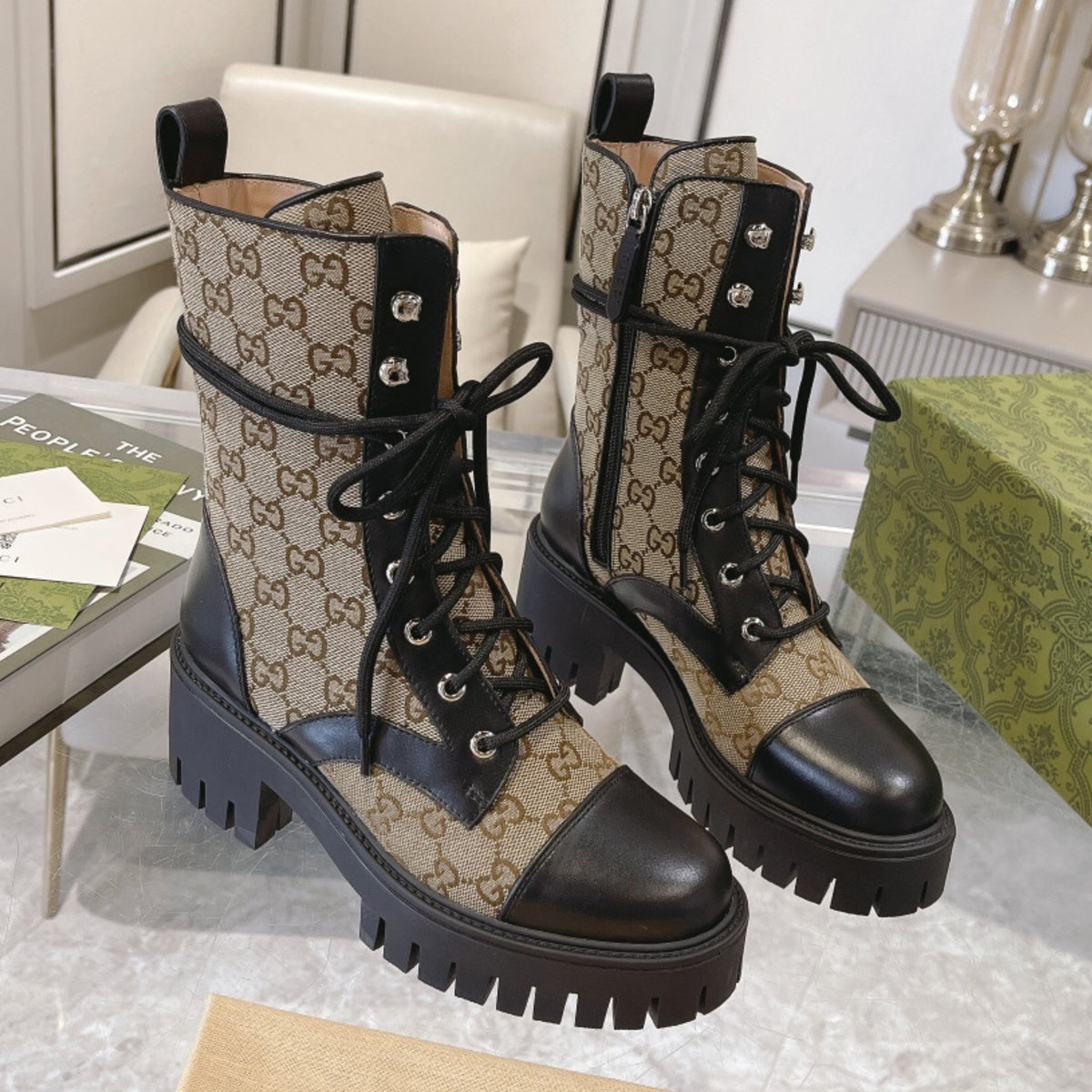 GG quilted boot with 60mm heel, mid-calf beige canvas