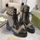 GG quilted boot with 60mm heel, mid-calf beige canvas