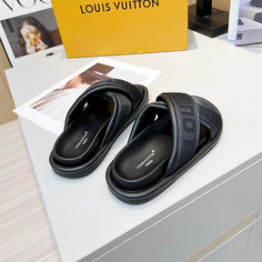 LV Black Leather Slide Flip Flops