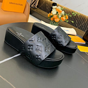 LV Slide Platform Sandal in Black Leather