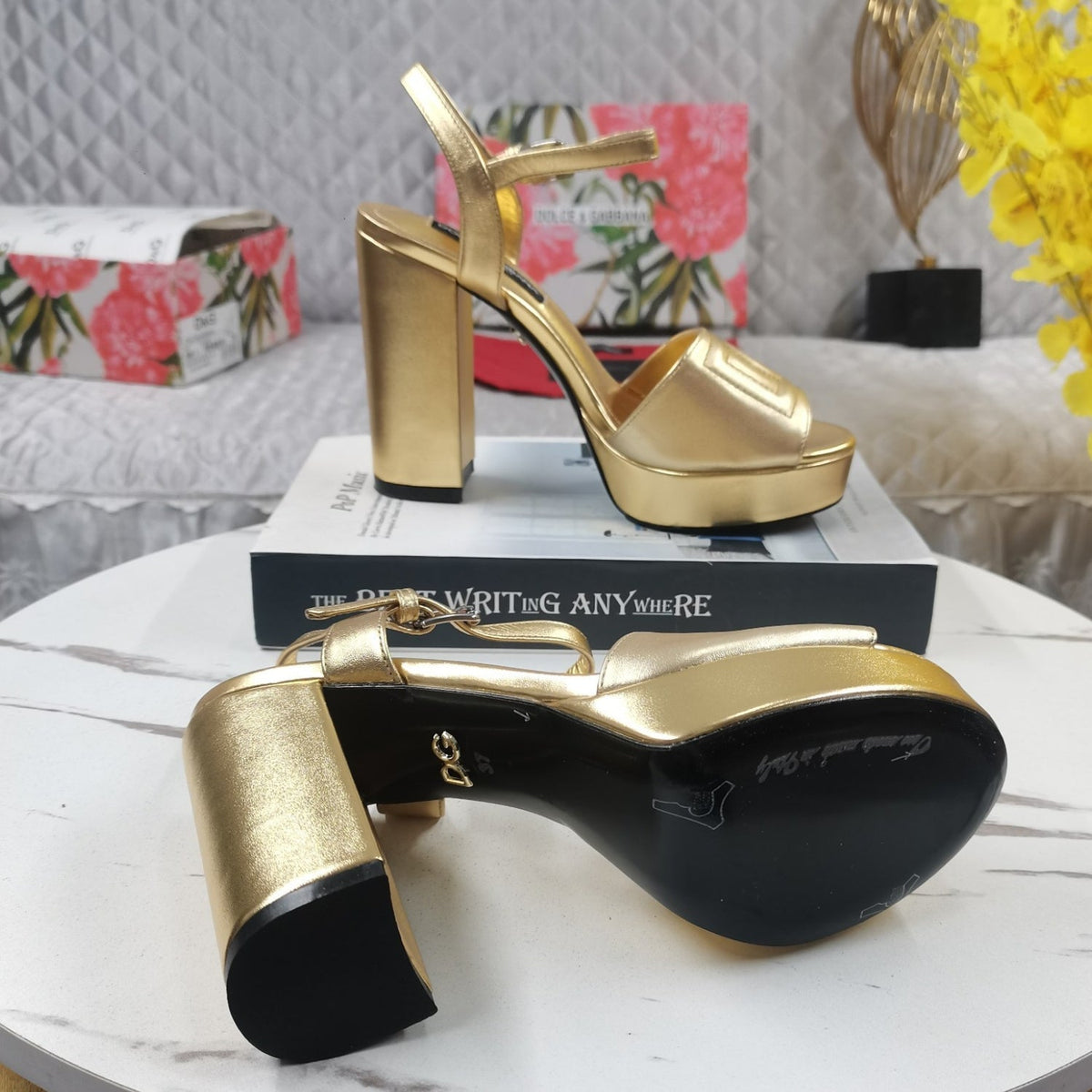 DG Gold Platform Sandal with Logo, 11.5cm Heel