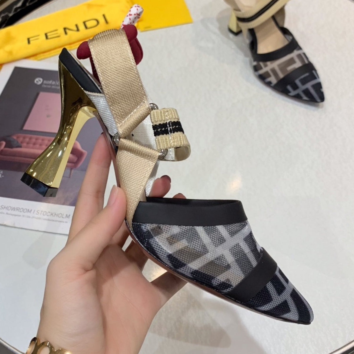 FND Black and Beige Pumps with Canvas Leather and 9.5cm Gold Heel