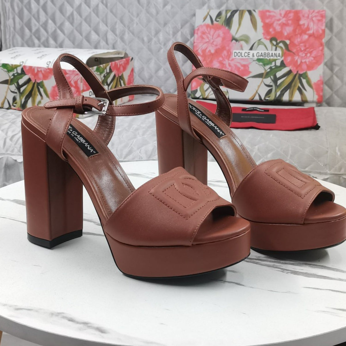 DG Brown Platform Sandal with Logo 11.5cm Heel