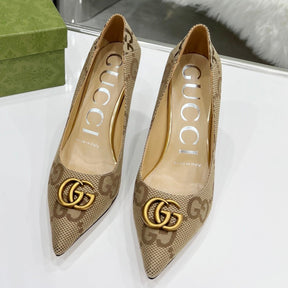 Beige and Canvas GG Pumps with Logo, 7.5cm Heel