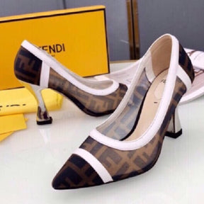 FND Canvas Pumps with white and black leather and 8cm heel