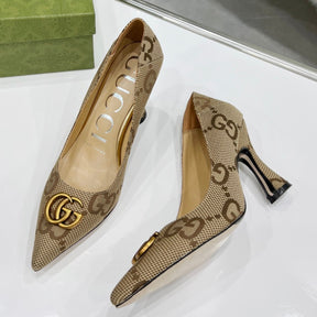Beige and Canvas GG Pumps with Logo, 7.5cm Heel