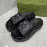 GG Platform Slider Sandal in Black Leather with Interlocking