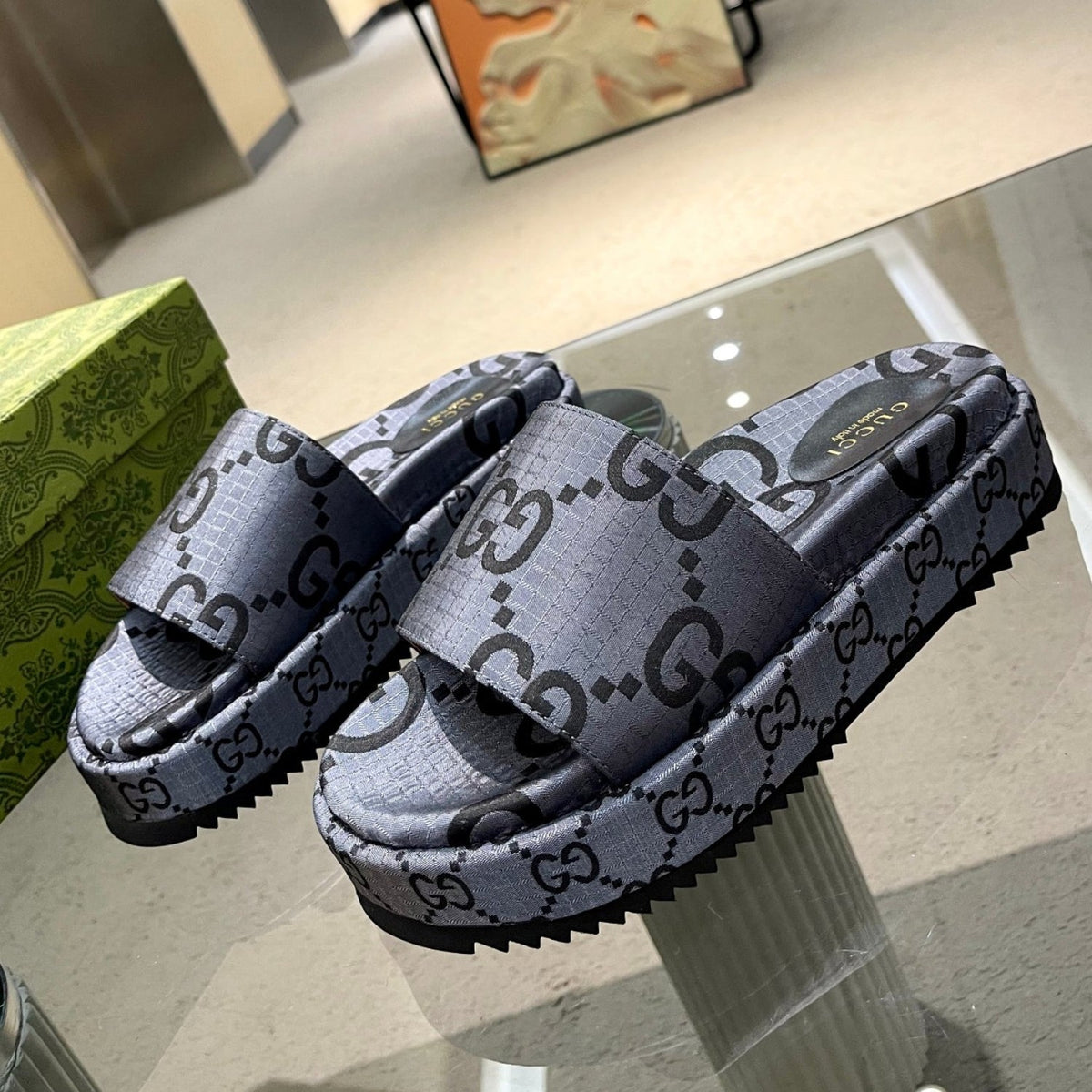 GG Platform Slider Sandal Gray with Print
