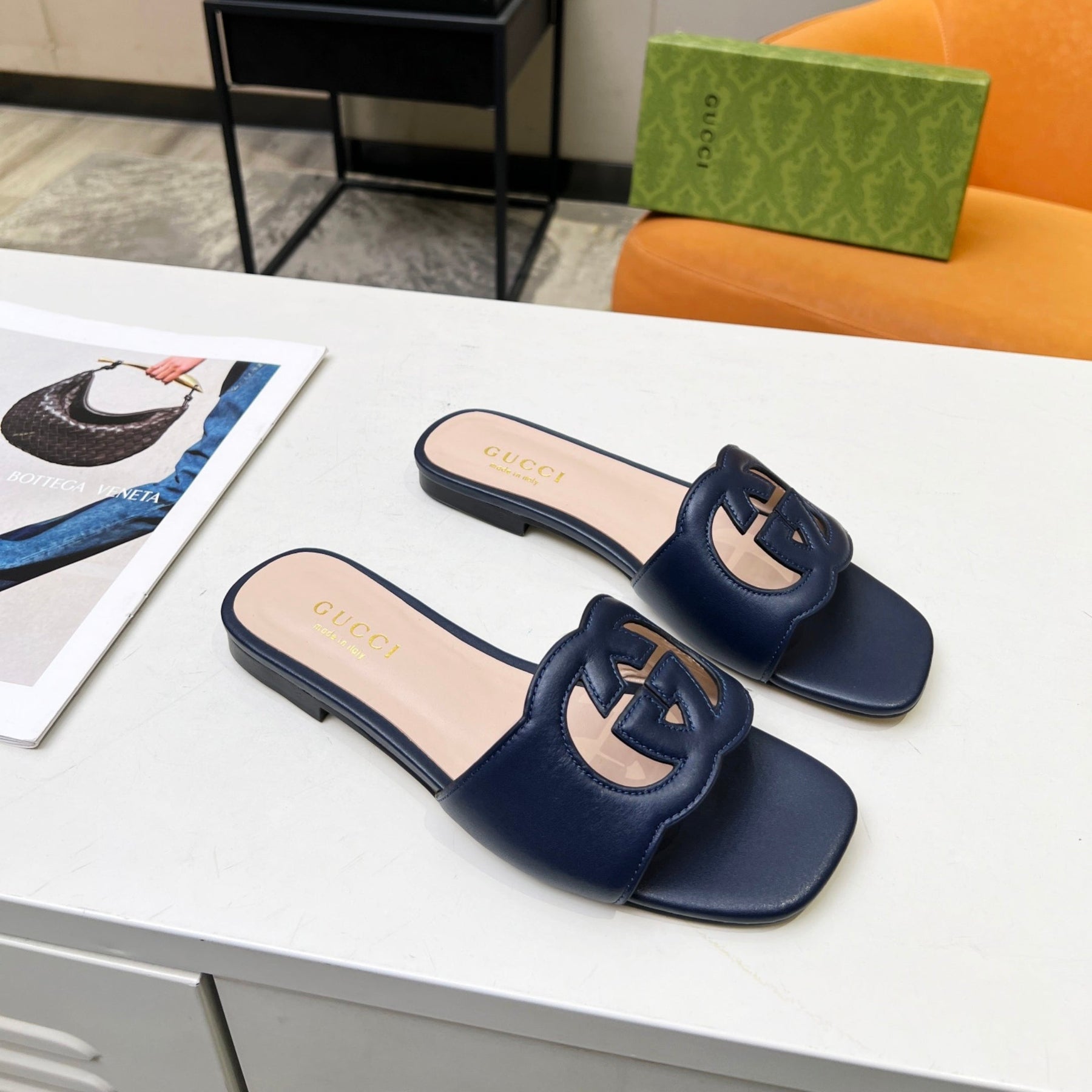 GG Leather Sandal with GG Interlocking Navy Blue