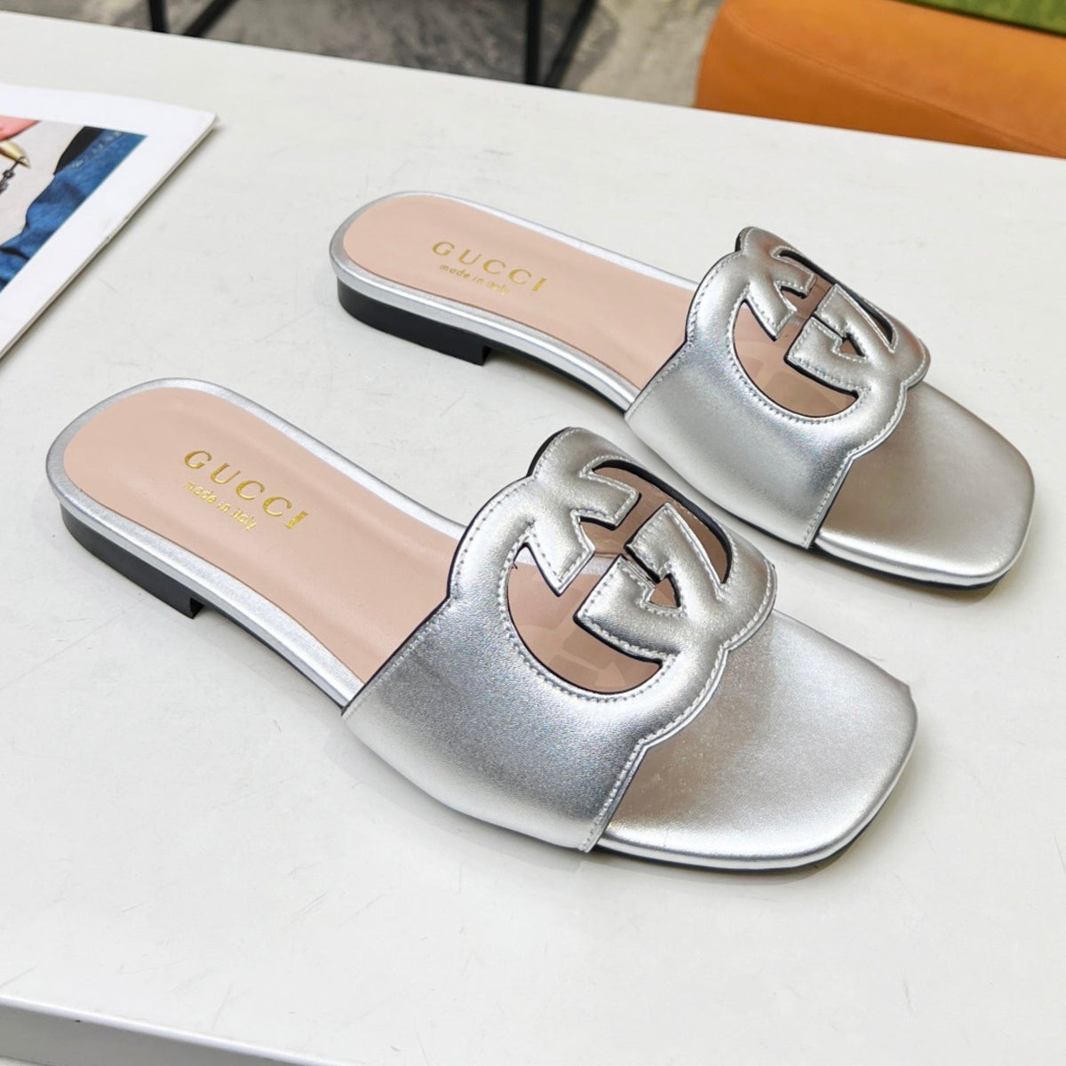 GG Leather Sandal with GG Silver Interlocking