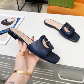 GG Leather Sandal with GG Interlocking Navy Blue