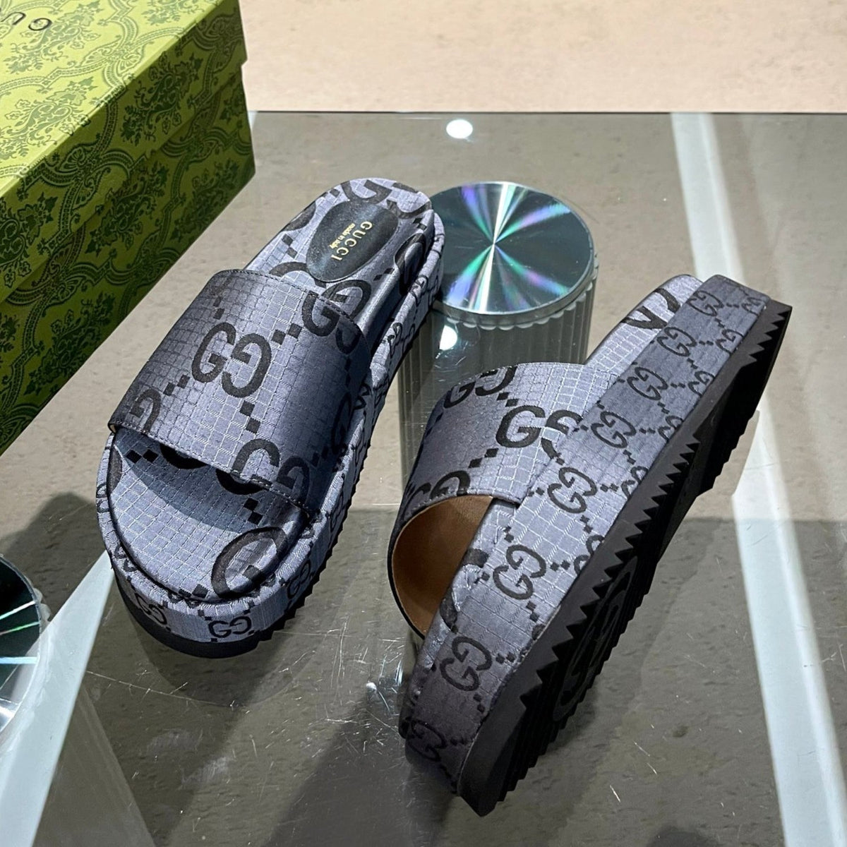 GG Platform Slider Sandal Gray with Print