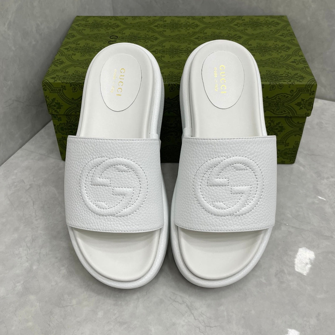 GG Platform Slider Sandal White Leather Interlocking