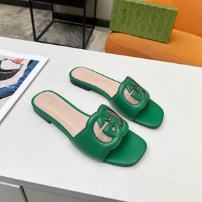 GG Leather Sandal with GG Interlocking Green