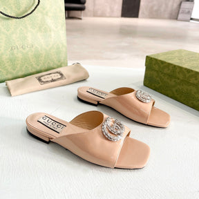 Beige GG flat sandal with Double GG
