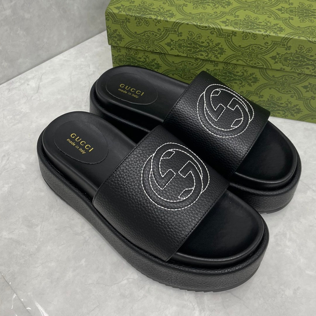 GG Platform Slider Sandal in Black Leather with Interlocking