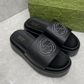 GG Platform Slider Sandal in Black Leather with Interlocking