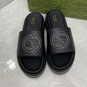 GG Platform Slider Sandal in Black Leather with Interlocking