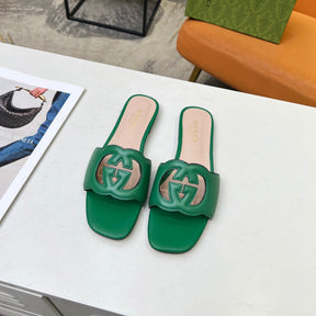 GG Leather Sandal with GG Interlocking Green