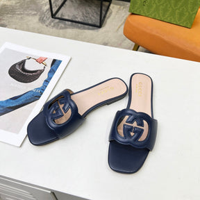 GG Leather Sandal with GG Interlocking Navy Blue