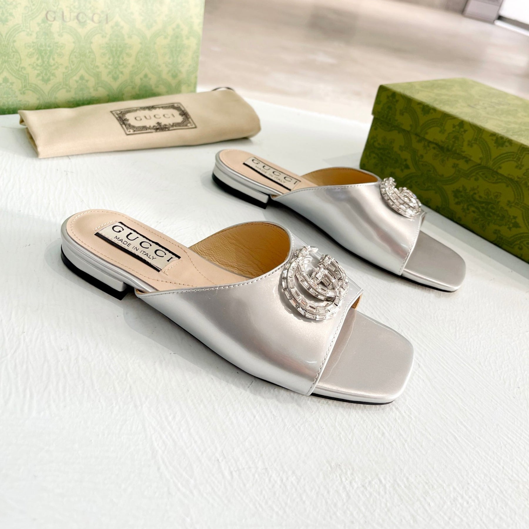 GG Flat Sandal with Double GG Silver