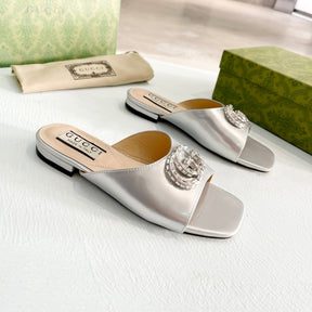 GG Flat Sandal with Double GG Silver