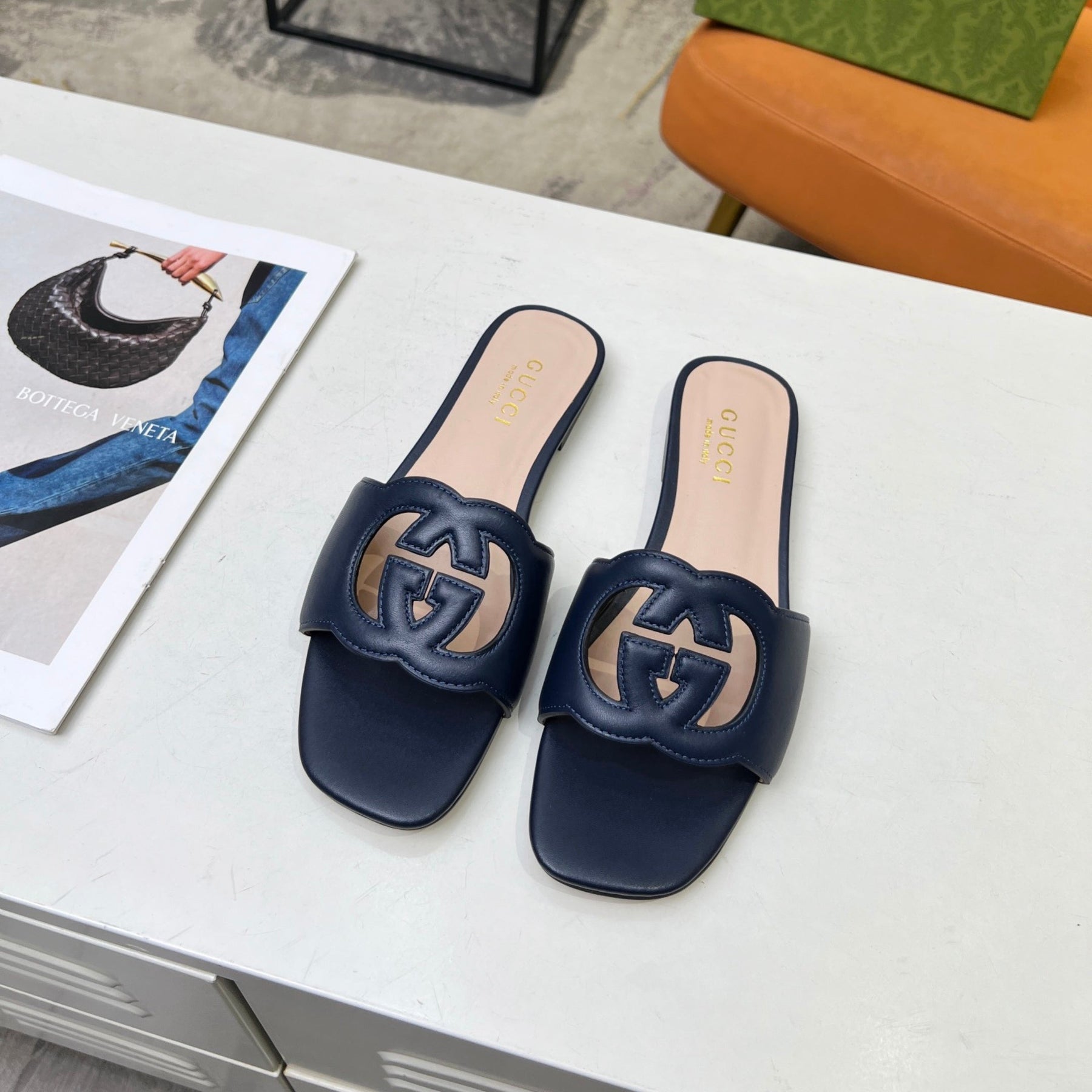 GG Leather Sandal with GG Interlocking Navy Blue