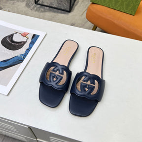GG Leather Sandal with GG Interlocking Navy Blue