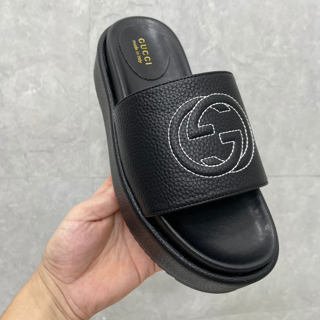 GG Platform Slider Sandal in Black Leather with Interlocking