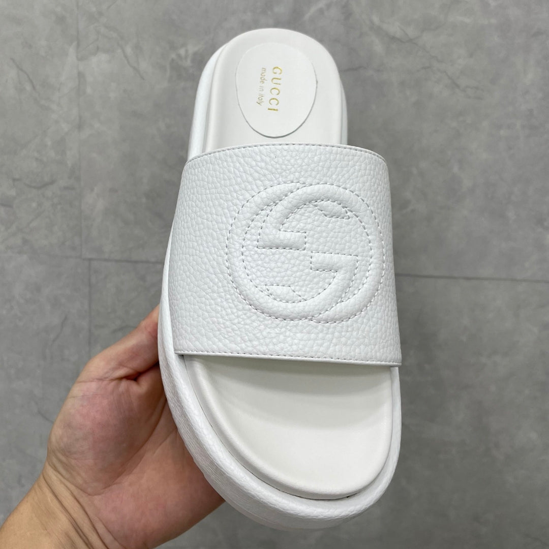 GG Platform Slider Sandal White Leather Interlocking