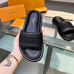 LV Black #4 Leather Slide Sandal