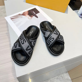 LV Black #2 Leather Slide Sandal