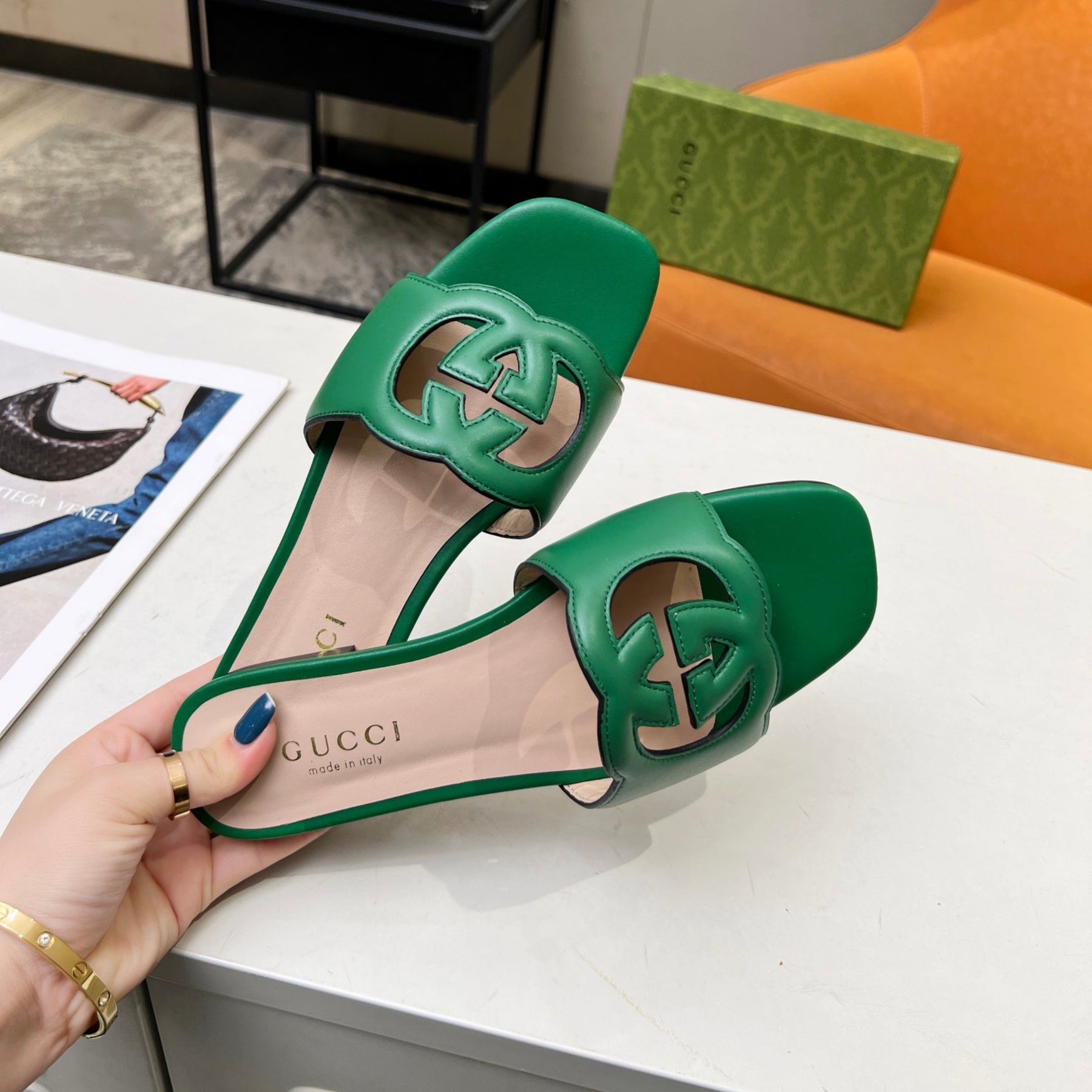 GG Leather Sandal with GG Interlocking Green