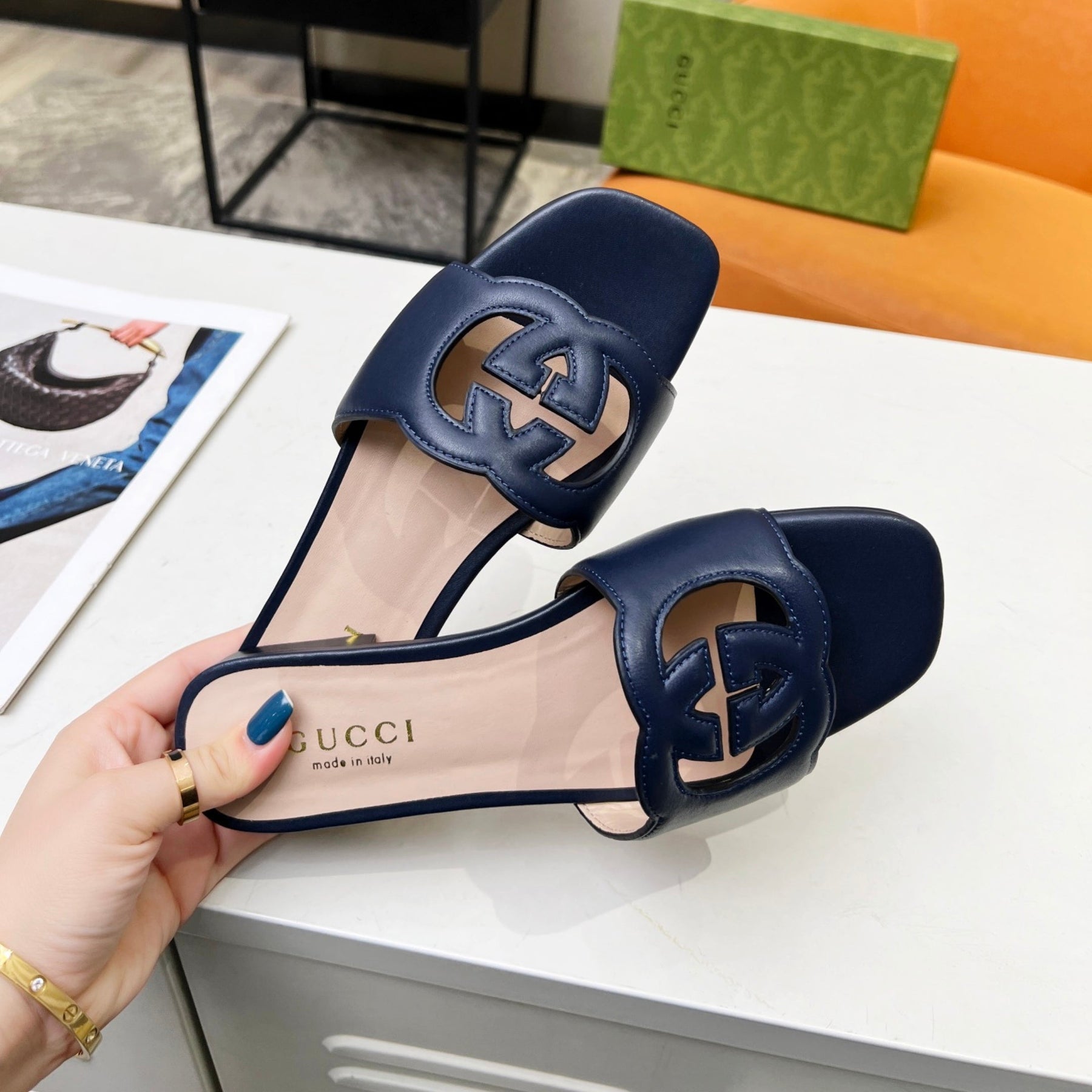 GG Leather Sandal with GG Interlocking Navy Blue