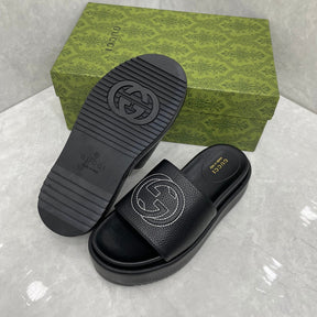 GG Platform Slider Sandal in Black Leather with Interlocking