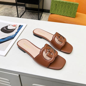 GG Leather Sandal with GG Interlocking Brown