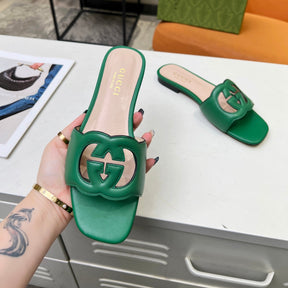 GG Leather Sandal with GG Interlocking Green