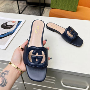 GG Leather Sandal with GG Interlocking Navy Blue
