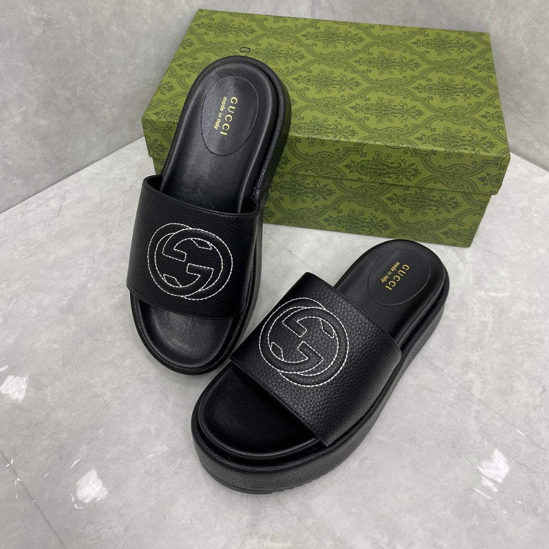 GG Platform Slider Sandal in Black Leather with Interlocking