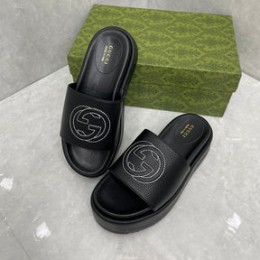 GG Platform Slider Sandal in Black Leather with Interlocking