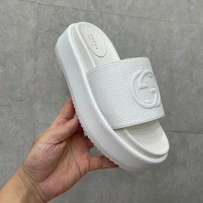 GG Platform Slider Sandal White Leather Interlocking