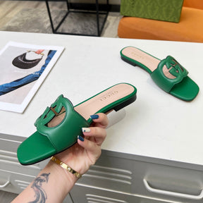 GG Leather Sandal with GG Interlocking Green