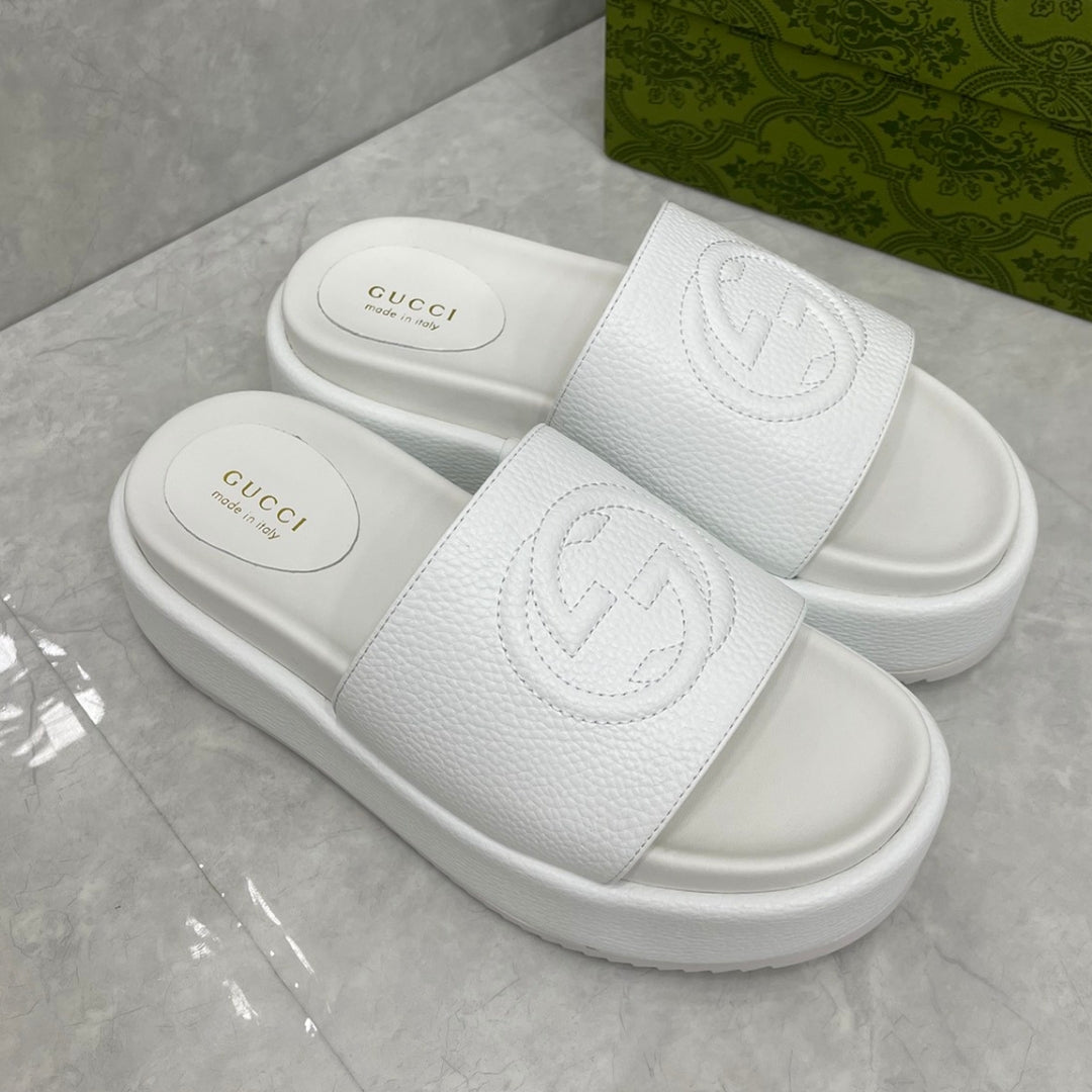 GG Platform Slider Sandal White Leather Interlocking