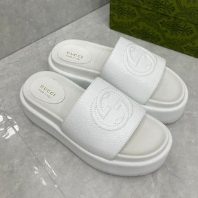 GG Platform Slider Sandal White Leather Interlocking