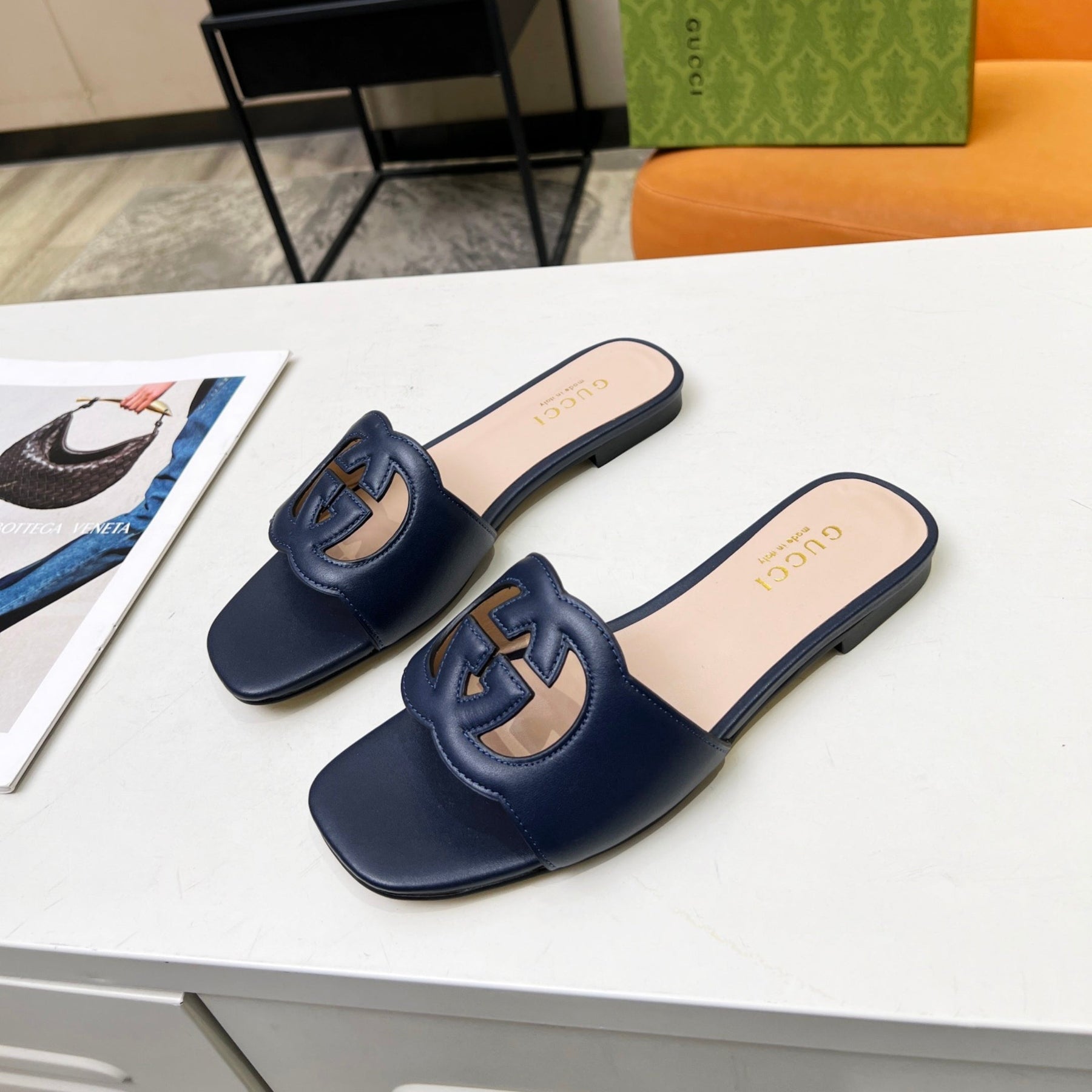 GG Leather Sandal with GG Interlocking Navy Blue
