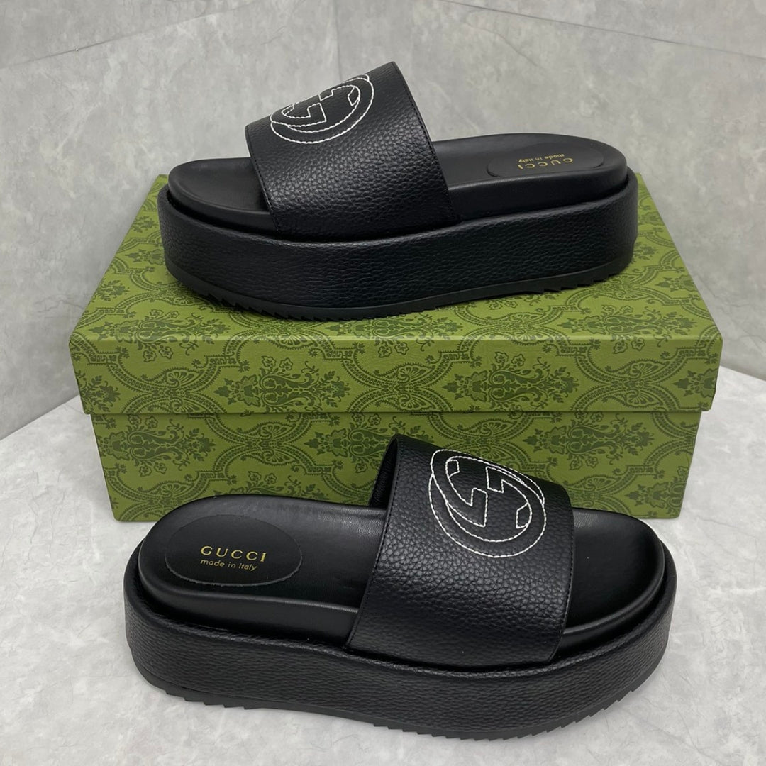 GG Platform Slider Sandal in Black Leather with Interlocking