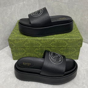 GG Platform Slider Sandal in Black Leather with Interlocking