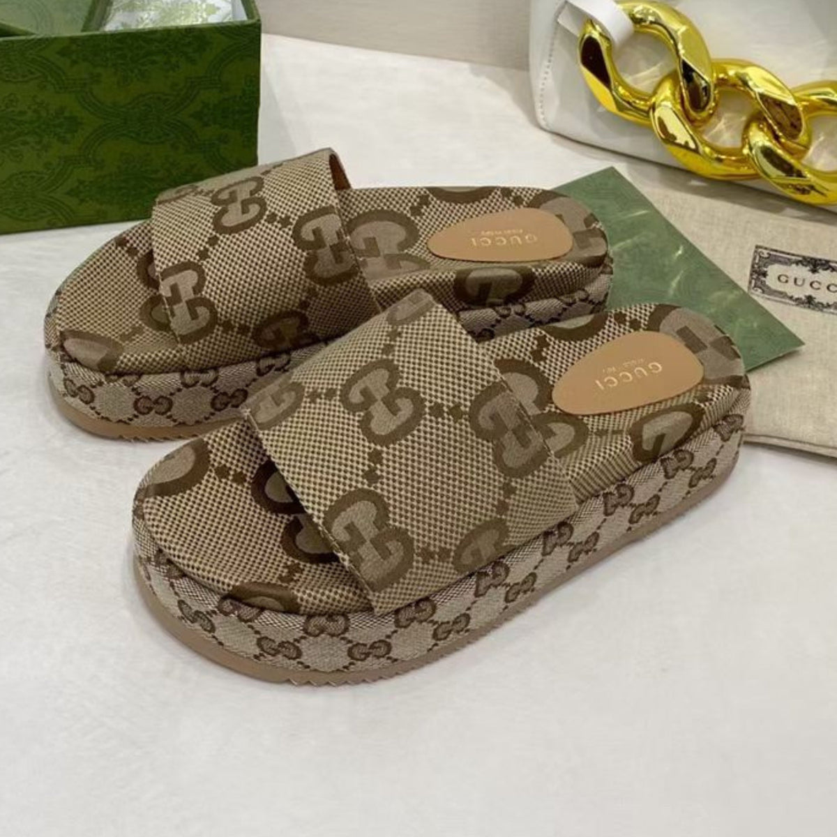 GG Platform Slider Sandal with Beige Print