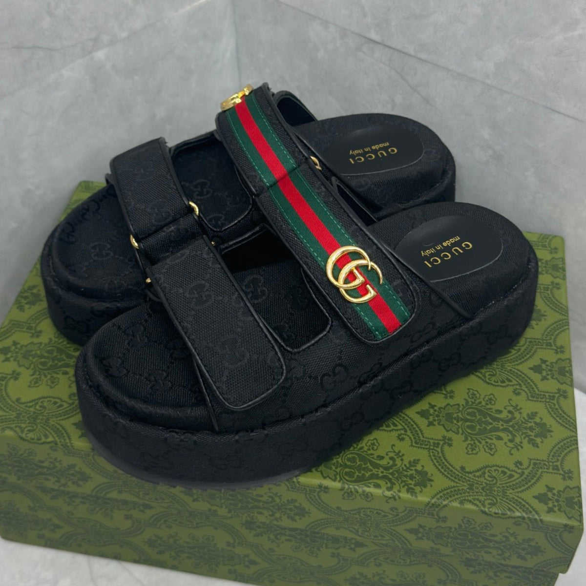 GG Platform Slider Sandal with Double in Black and Stripe
